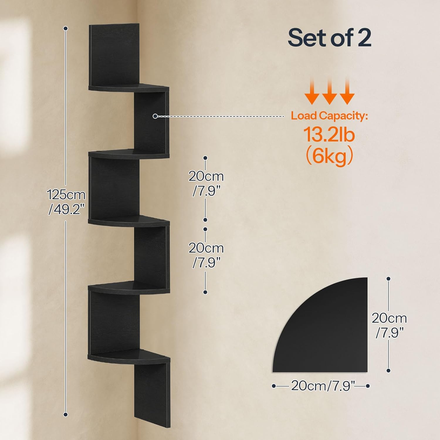 HOOBRO Corner Shelf Wall-Mounted, Set of 2 Floating Corner Shelves for Wall, 5-Tier Corner Bookshelves for Living Room, Bedroom, Bathroom, Home Office, Black BK26BJP201