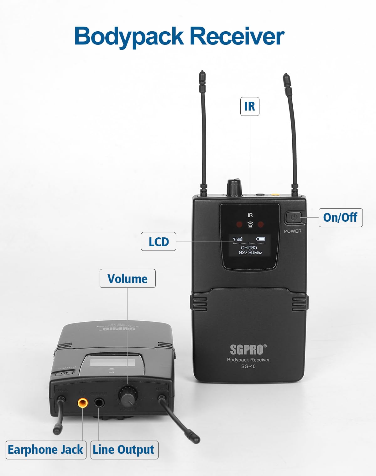 SGPRO Sistema inalámbrico de monitor intrauditivo, sistema IEM con transmisor de metal, auriculares de monitor receptor de cuerpo, 85 frecuencias ajustables, funcionamiento de 262 pies para bandas,