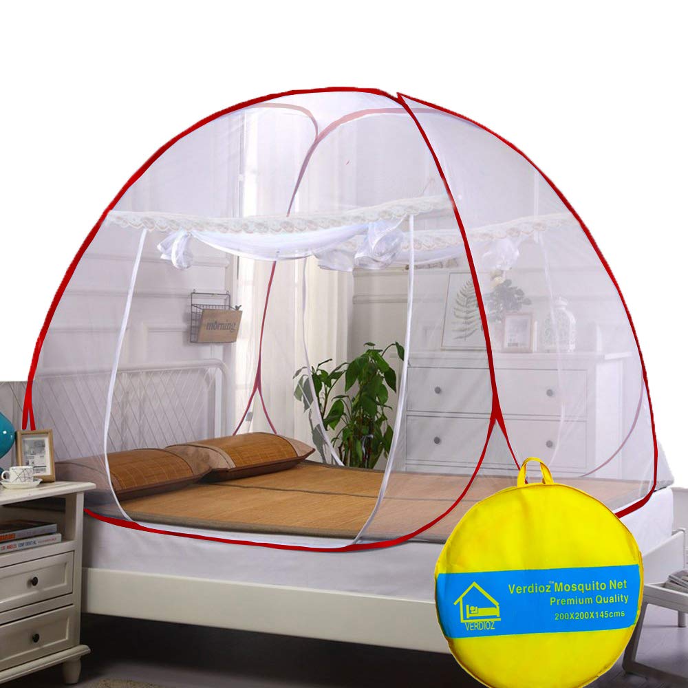 VERDIOZ WITH DEVICE Foldable King Size Double Bed Mosquito Net, 30 GSM Net Fabric, Coated Steel