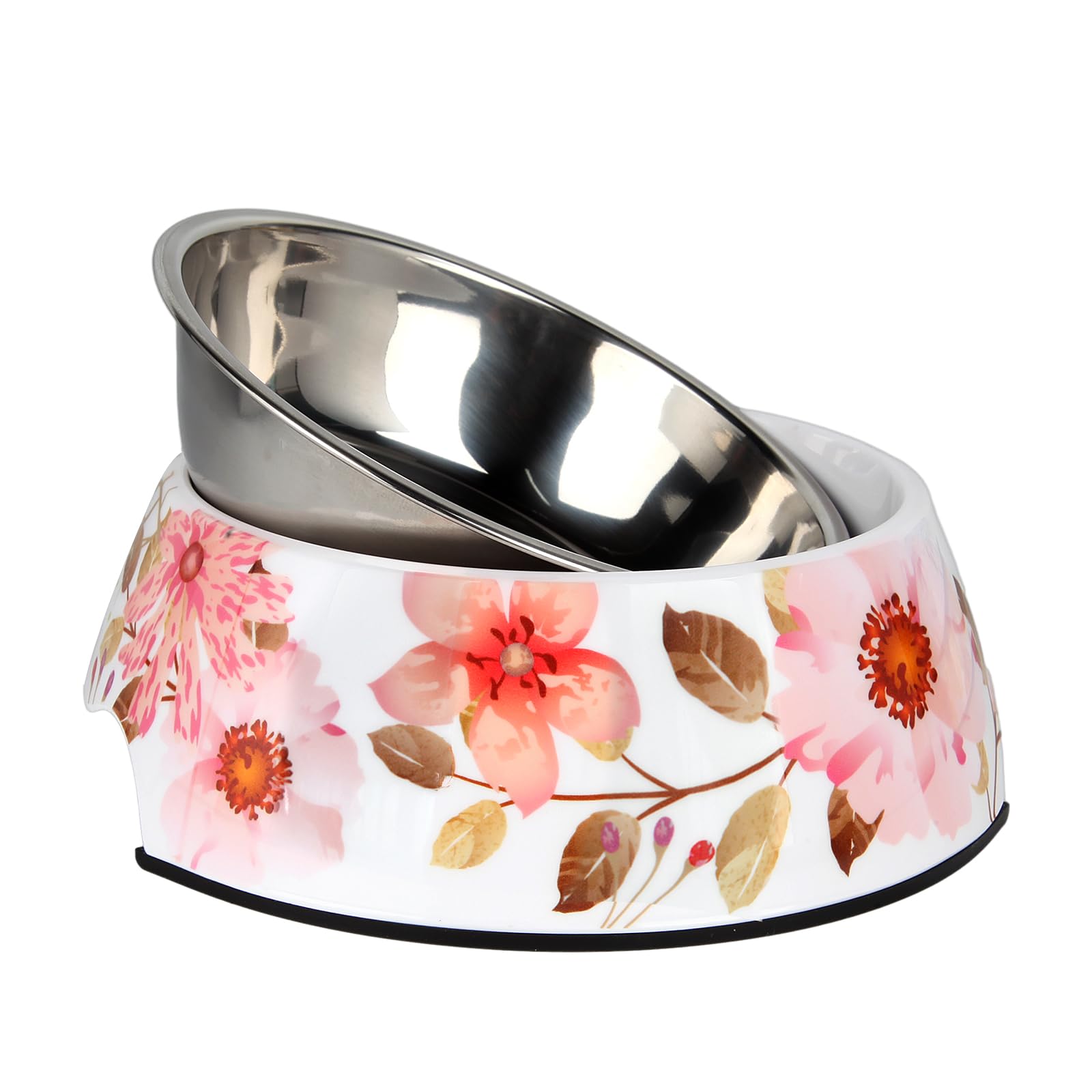 SLZZ 2 in 1 Food Water Bowls - Non Slip Skid Proof Heavy Duty Pet Bowls for Feeding Drinking Small Medium Large Dogs Cats Puppies (Pink Flower, L:28