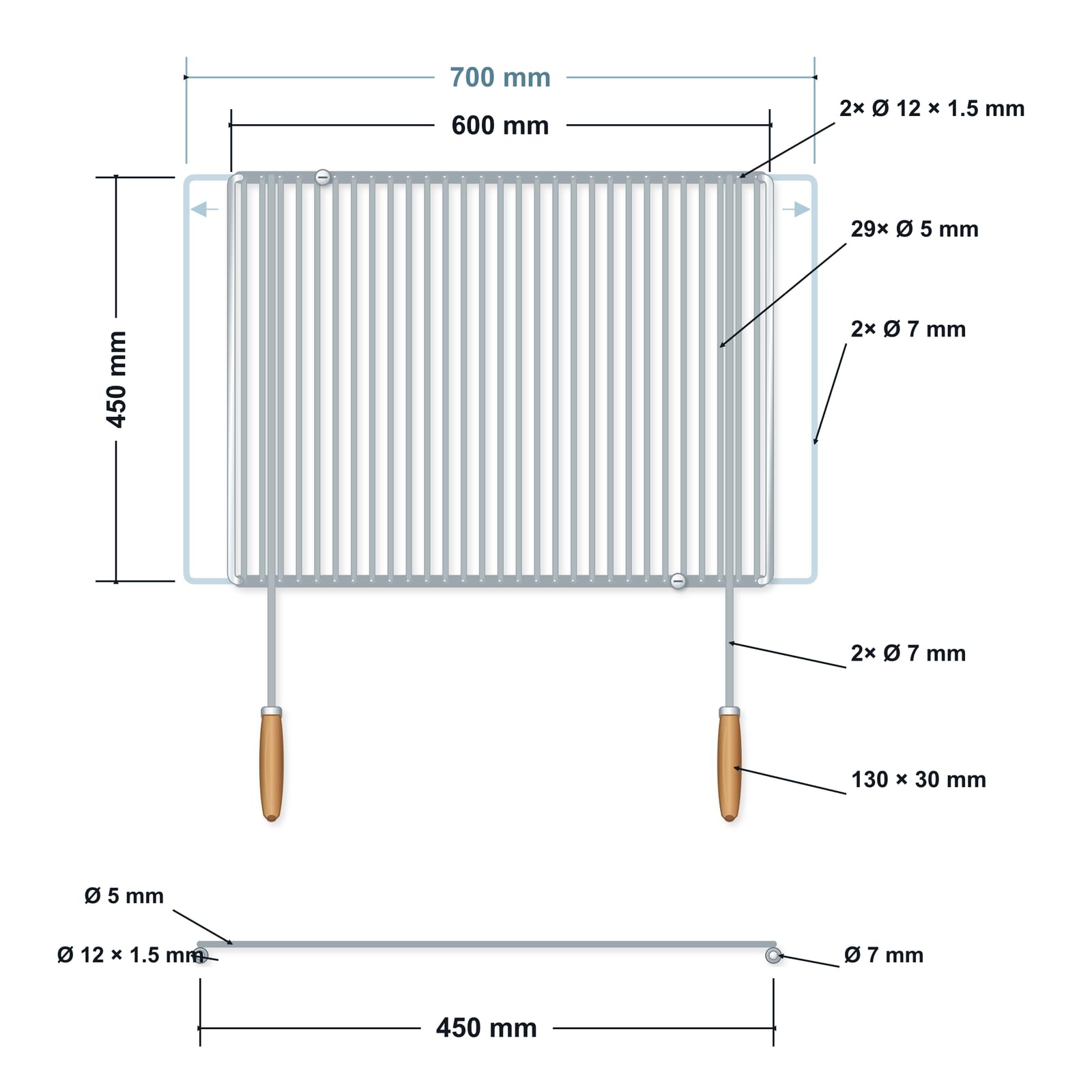 Grille barbecue inox réglable 60–70 × 45 cm avec poignées