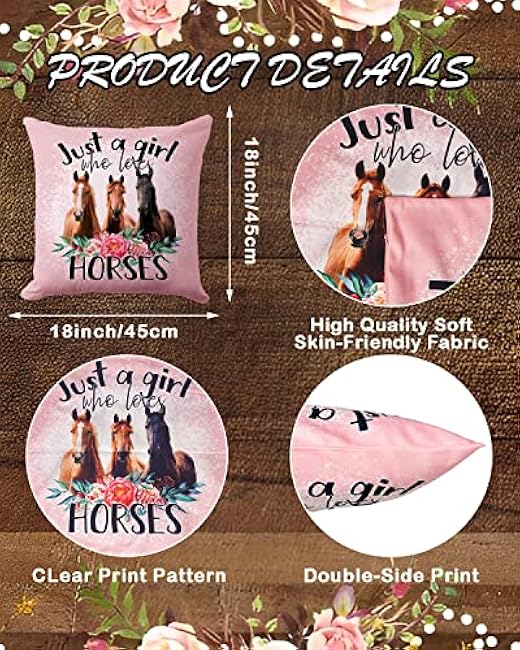 Just A Girl Who Loves Horses Pink Pillow Cover, Horse Gifts for Girls, Decorative Western Farmhouse Animal Pillow Cover for Bedroom Living Rooms Sofa Couch 18¡Á18 Inch