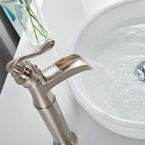 Miniatura 6 de Grifo de baño para lavabo, de níquel cepillado, tipo cascada, comercial, boquilla ancha, manija única, orificio único, con tapón de drenaje