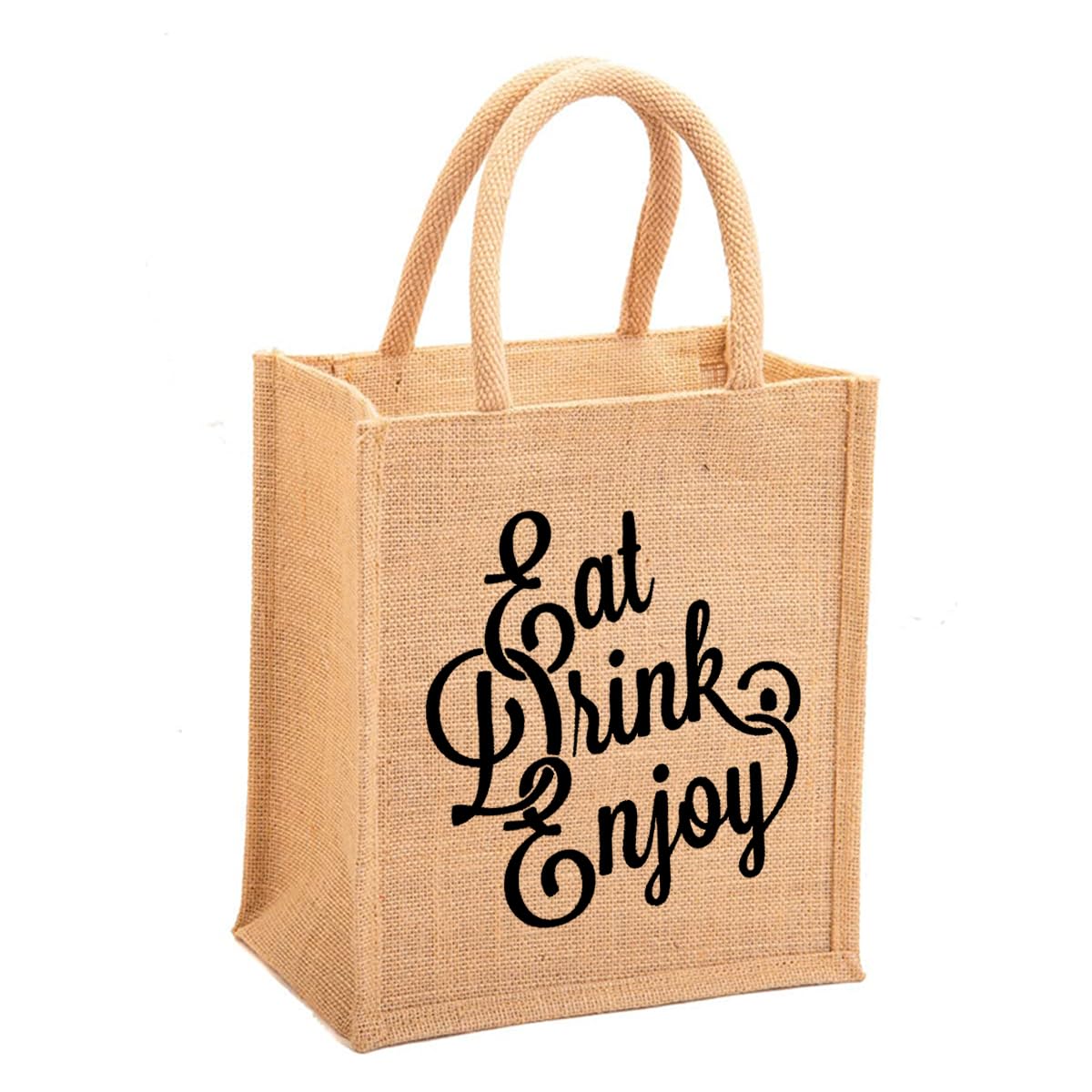 Clapcart Waterproof Jute Bag with Zip Closer Lunch Bags Multipurpose for Office Women & Men | Tote Lunch Bag (Eat Drink Enjoy)