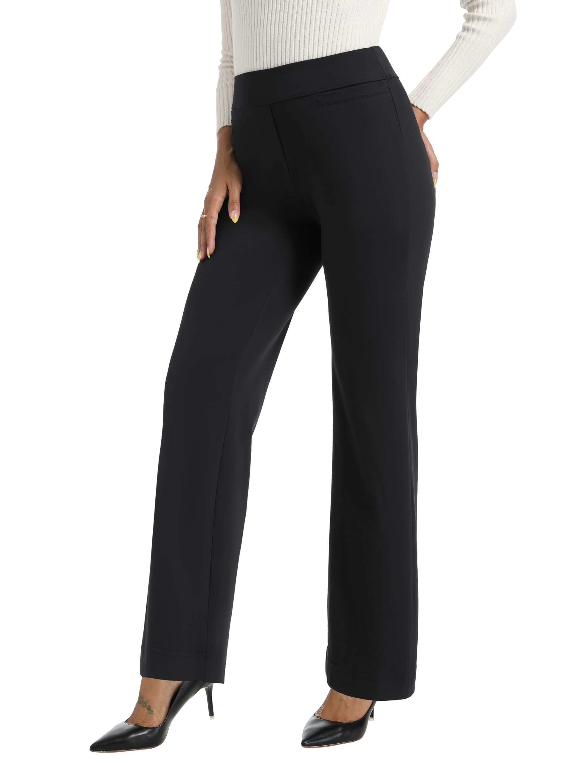 Foucome Womens Dress Pants Wide Leg Stretchy Pull On Work Pants Business Office Casual Ladies Slacks with Pockets