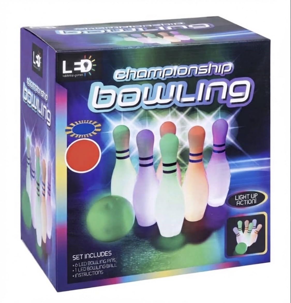 New|| Bowling Set With light up action!, Includes: 6 x LED Bowling Pins, 1 x LED Bowling Ball, For years 5+, It glows in the dark for hours of indoor or outdoor fun, Perfect for Gift For Kids||