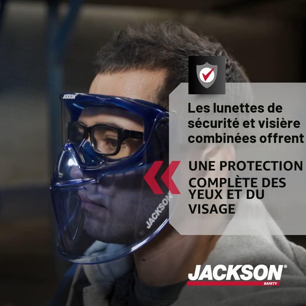 Jackson Safety GPL500 Lunettes de sécurité de qualité supérieure avec visière amovible, bleu, verres de protection transparents, anti-buée EN 166 CE 21000