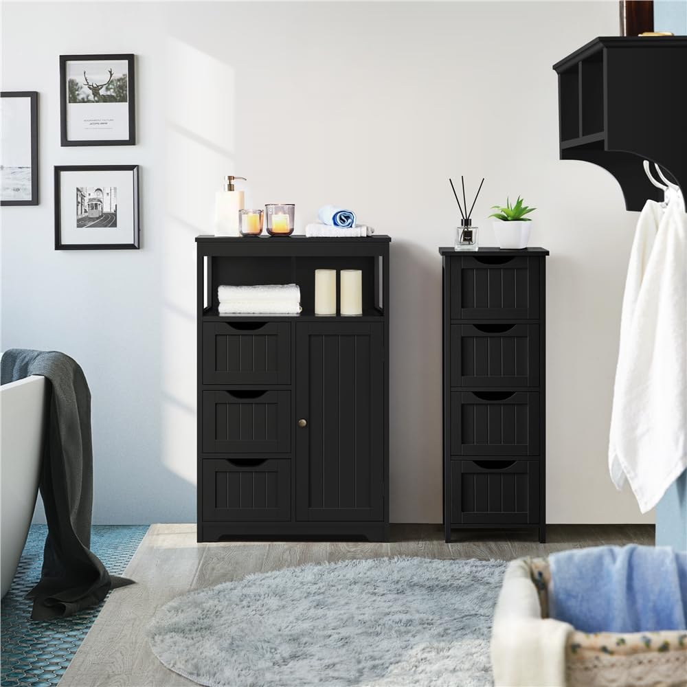 Yaheetech Badezimmerschrank, Unterschränke Beistellschrank, Badschrank mit 3 Schubladen und 1 Tür, verstellbare Regalebene, Wohnzimmer/Küche/Flur, Schwarz