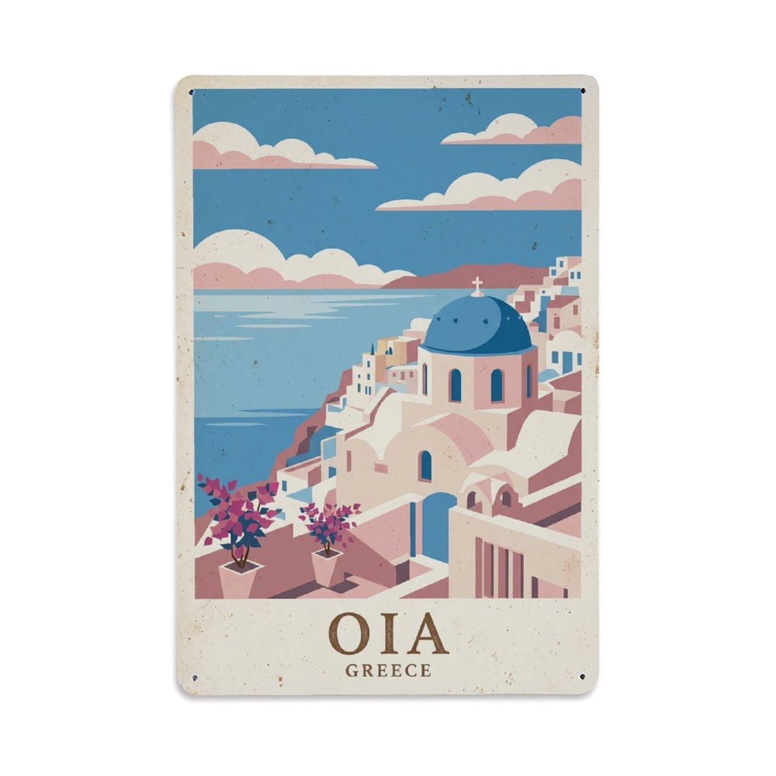 Fyrn Style Metal Tin Sign Vintage Travel Oia Greece Morning