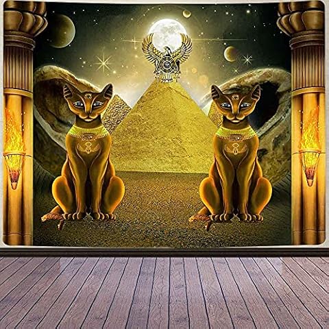 Aidatain Egyptian Tapestry Ancient Pyramid Wall Hanging Mythical Beasts Guardian Cat Pharaoh Temple Moon Starry Sky Flannel Large Size 80"60" Tapestries for Bedroom Livingroom Dorm Room GTLMAT128 Cover