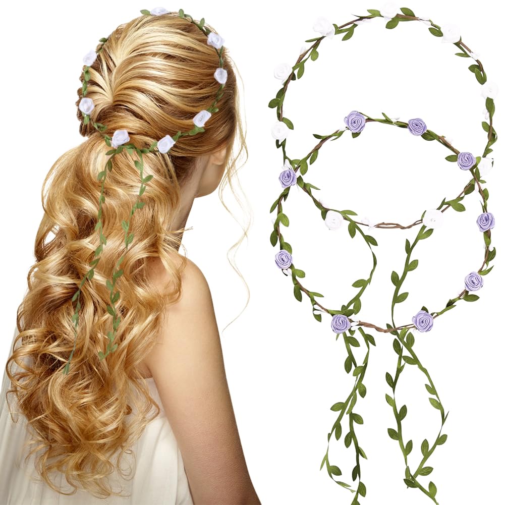 CRASPIRE 2Pcs White Flower Crown Headband Flower Garland Hair Accessories 2 Colors Lilac Polyester Rose Floral Green Leaf Boho Wreath Headpiece for