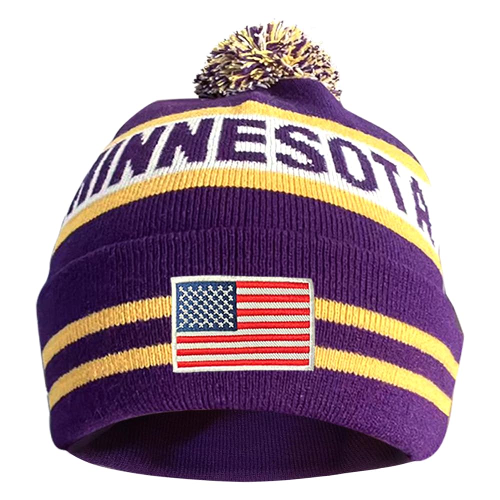 Cayyon US Flag City Football Embroidery Classic Pom Cuff Minnesota Beanie Hat Cuffed Winter Soft Beanie Knit Pom Hat Cap Purple