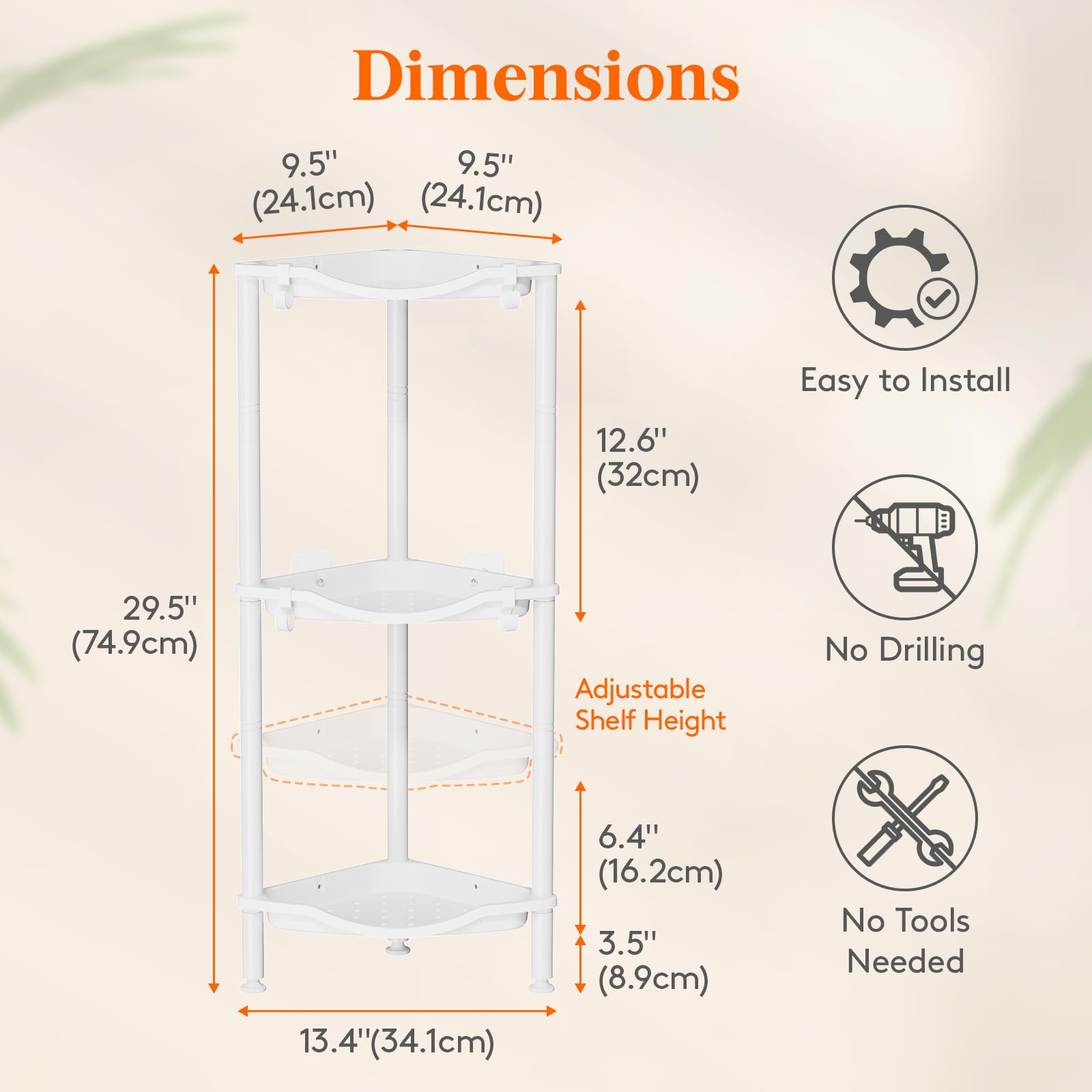 Lifewit Floor Standing Shower Caddy Corner, Plastic Metal Rustproof Corner Stand for Bathroom Kitchen with 4 Hooks - Image 2