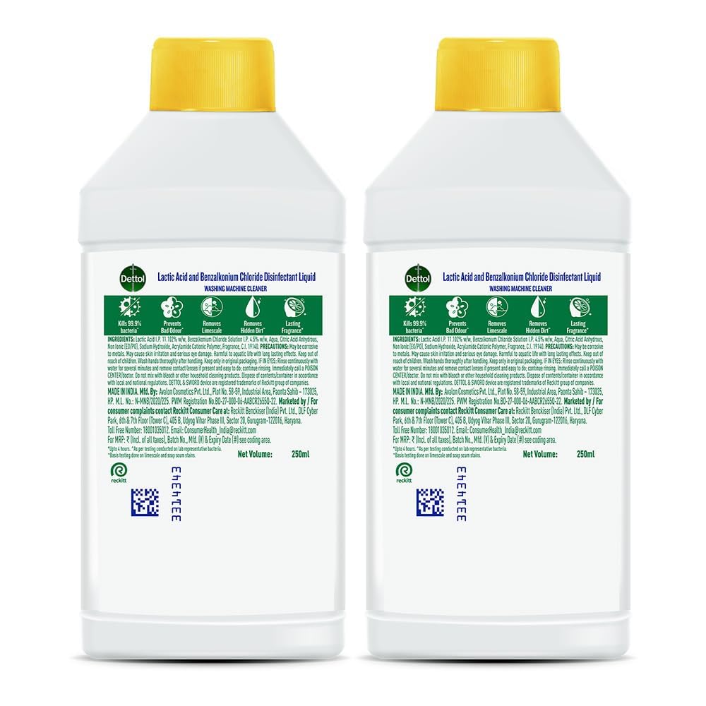 Dettol 5 in 1 Washing Machine Cleaner & Descaling Liquid for top load and front load| Lemon 250ml | Removes Limescale, Dirt and Bad odour | Kills 99.9%* Bacteria | Pack of 2 product image 6