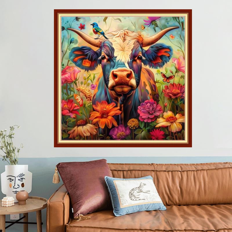 Image of Joyhoor Stamped Cross Stitch Kits for Beginners, Needlepoint Kits for Adults, 11CT Counted Embroidery Kits-Colored Cattle 18x18 inchs