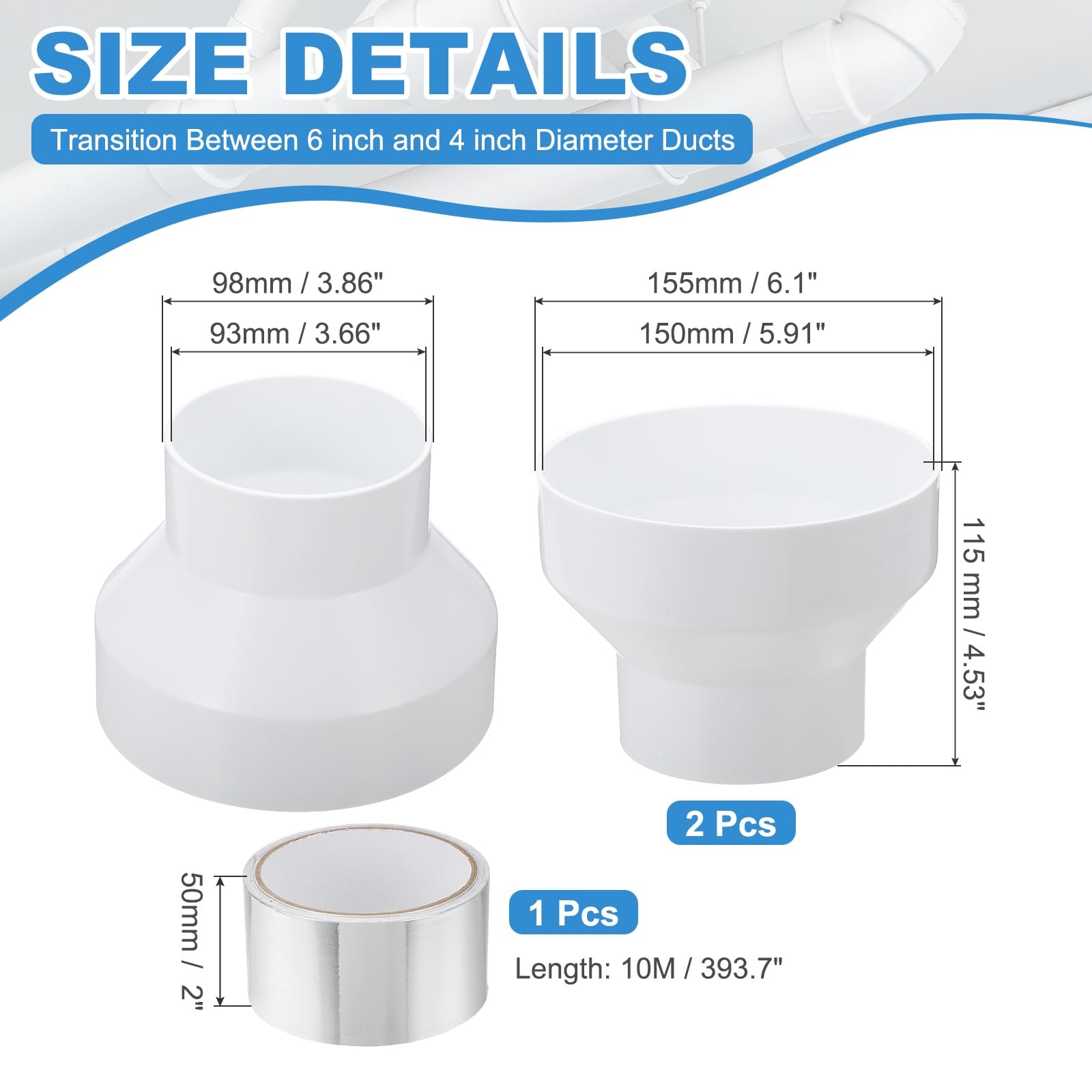 PATIKIL 2 Pcs Riduttore Di Condotto 150-100mm Adattatore PVC Per Condotti Riduttore Di Diametro Cono Per Sistemi Di Ventilazione Per Bagno Cucina Bianco