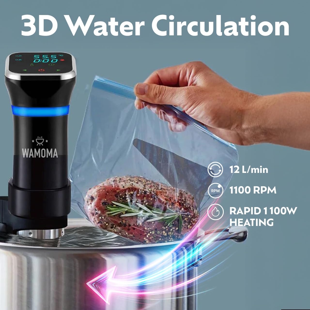 Sous Vide - Precision Cooker with Immersion Circulator & Free Cookbook, 1100W Ultra-Quiet Motor, IPX7 Waterproof, Smart Chip Technology, Perfectly Cooked Meals, Universal Clip Design
