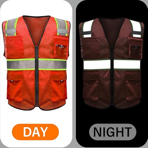 Miniatura 10 de HYCOPROT Chalecos de seguridad reflectantes de malla de alta visibilidad con bolsillos y cremallera, cumple con las normas ANSIISEA