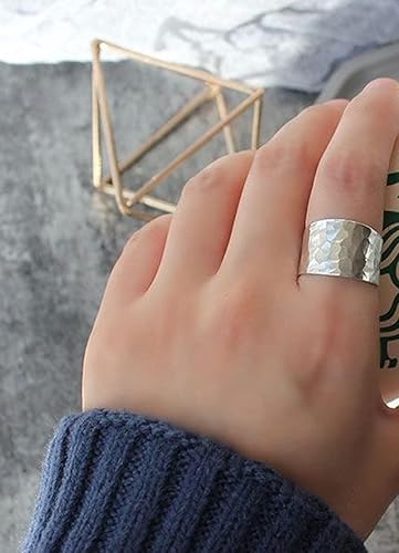 Miniatura 7 de TIANYI Anillo Ancho de Plata Martillado Hecho a Mano para Mujeres Boho Moderno Banda para Pulgar Anillo Ajustable Abierto Minimalista Anillo