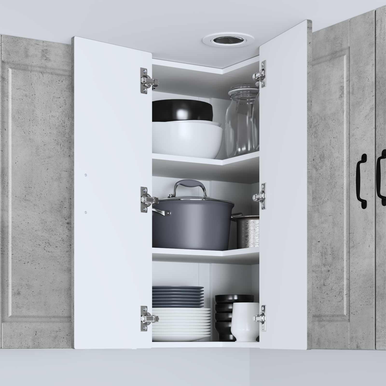 Armario esquinero de pared Porto Hormigón, gris, 57 x 57 x 80 cm, madera, 3 estantes, 2 puertas, con montaje en pared, espacio de almacenamiento para utensilios de cocina, armario de despensa