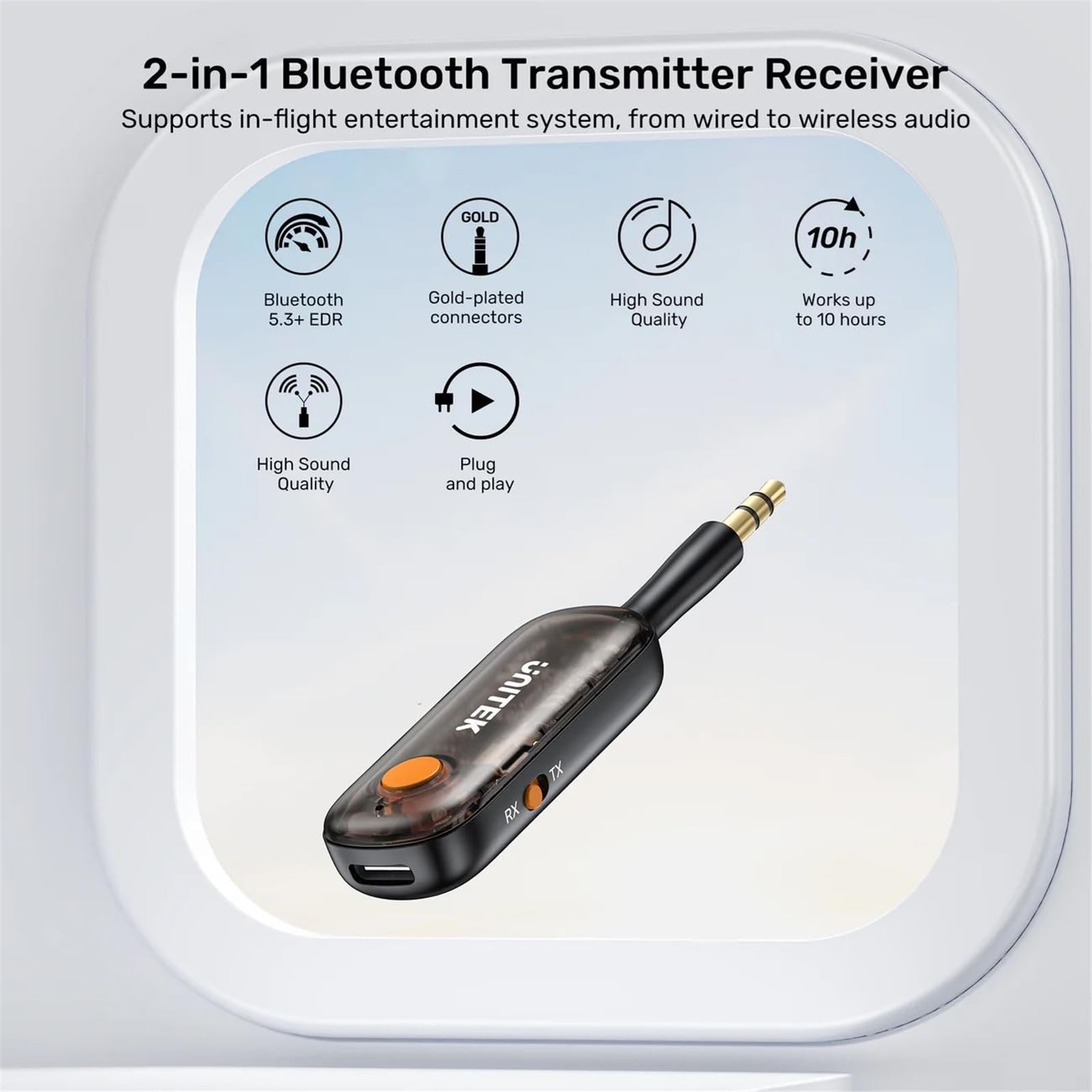 UNITEK Emetteur/Récepteur Audio Bluetooth sur Batterie (10h) ou sur Secteur - Jack 3.5mm