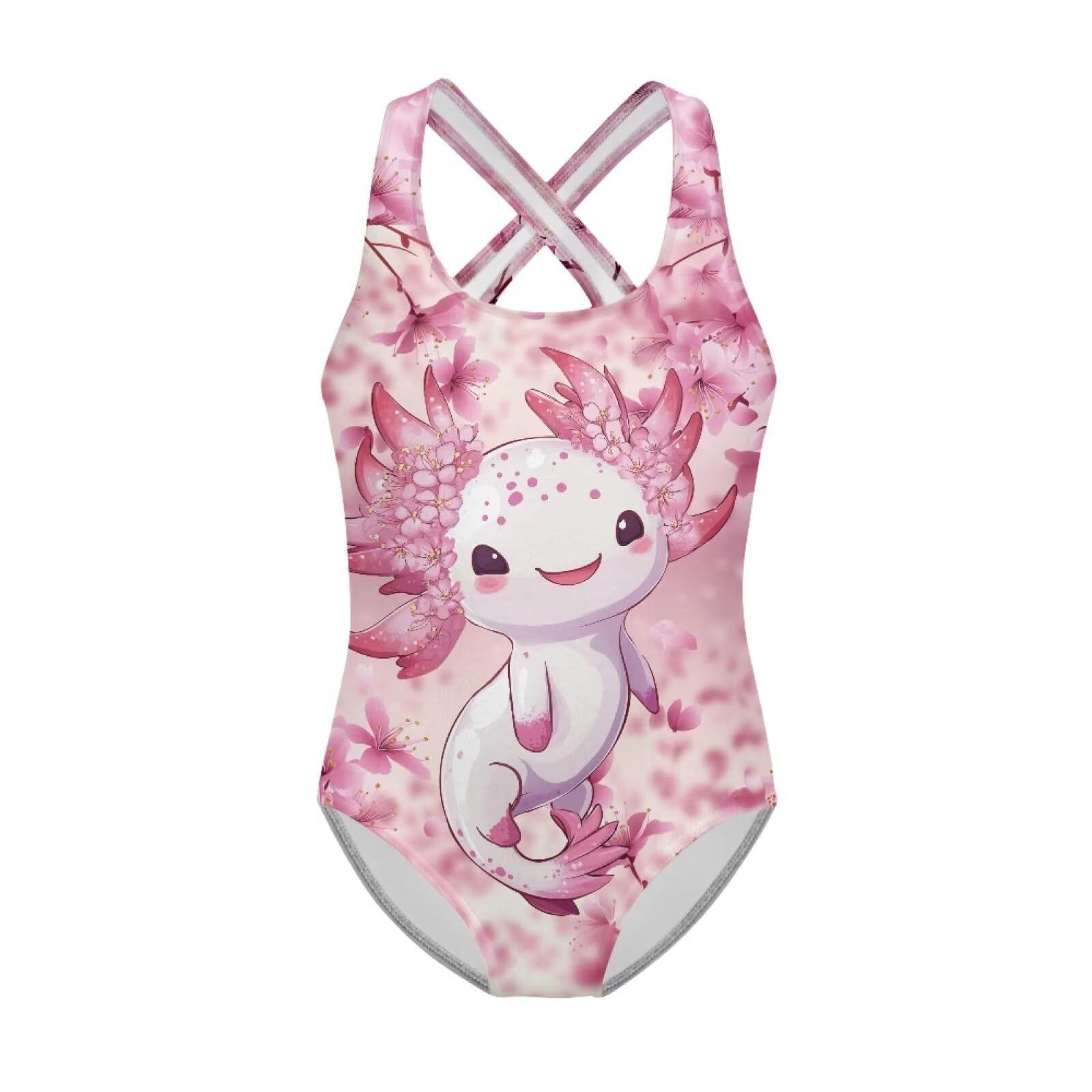 Girls One Piece Swimsuits Axolotl Cross Back Swimwear Beach Summer Quick Dry Beach Bathing Suit