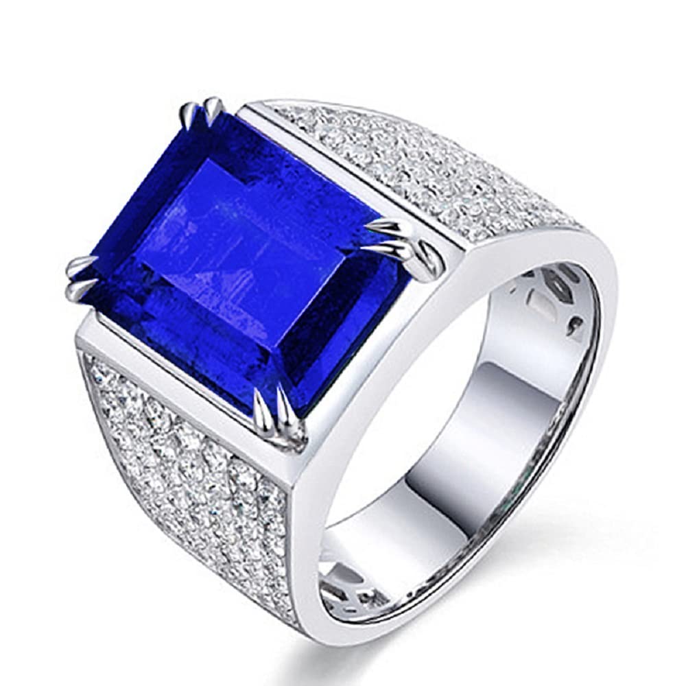 Luxury Full Diamond Domineering Charm Sapphire Ring Opening Fashion Trend Blue Zircon Business Men's Fashion Simulation S925 Sterling Silver Wedding 5A Zircon Engagement Ring CZC482 (Blue Diamond)