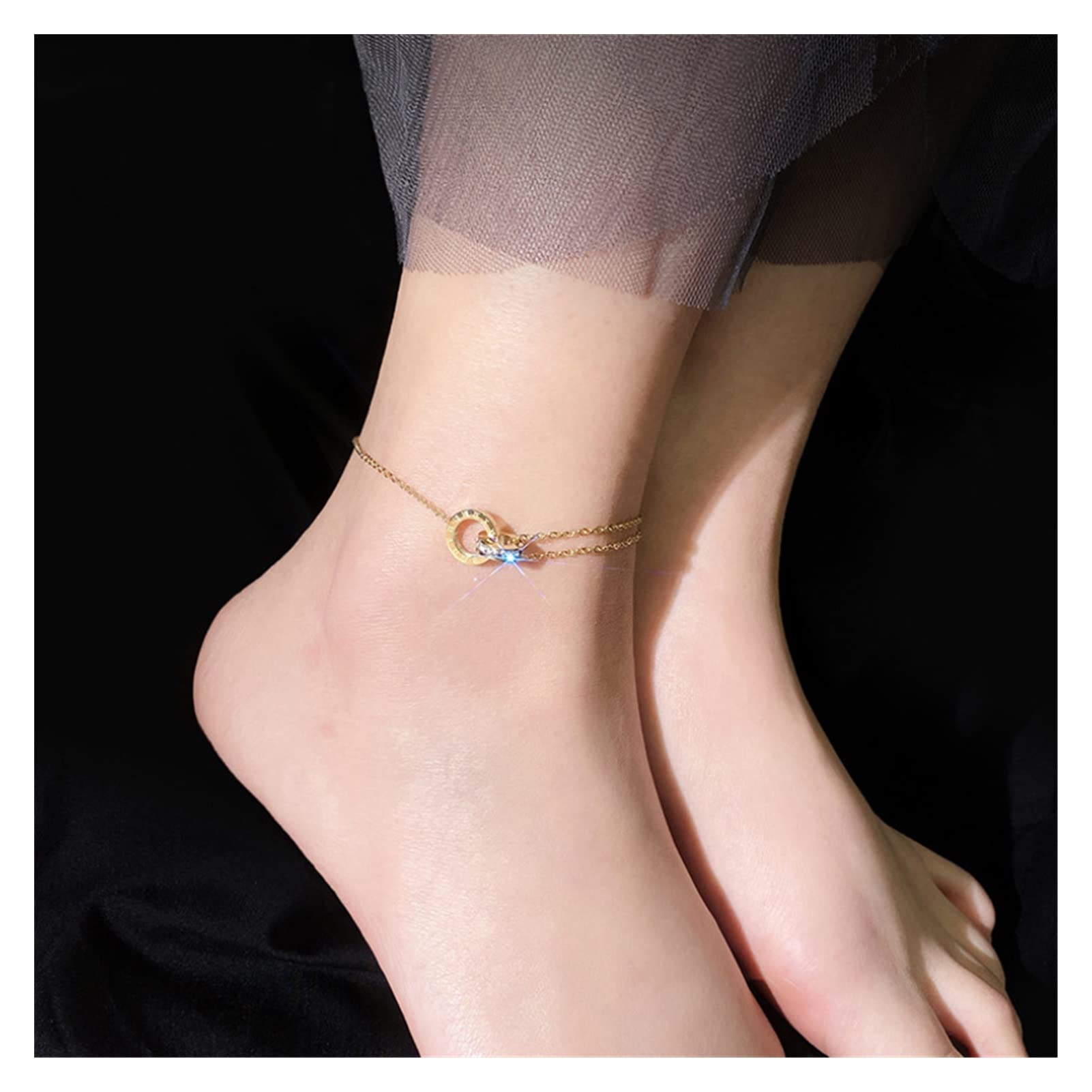 Tobilleras/Tobilleras Joyería de Moda Zircon Incrustado Adornos de Tobillo Redondo Charm Chain Tobillera para Mujeres Pulseras de Tobillo (Color : Gold)