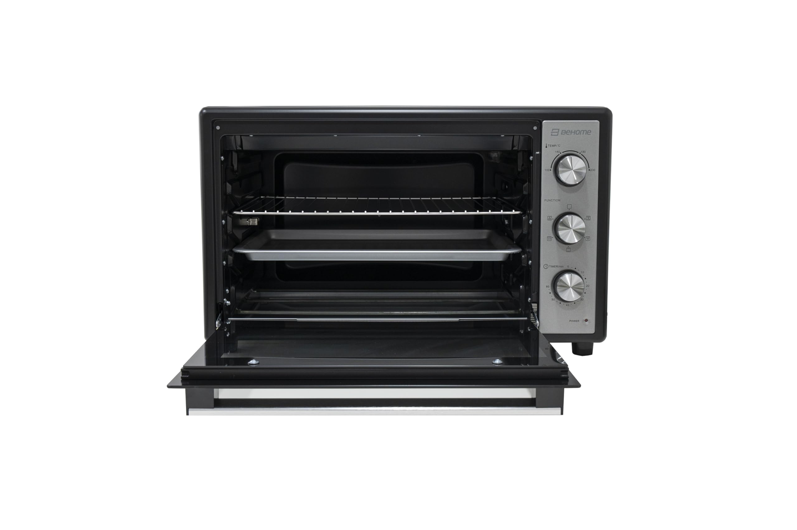 BEHOME Forno Elettrico Ventilato Esterno 70 litri, Forno grande da esterno con Girarrosto, Temperatura 230°, Timer 60', Griglia, Teglia, Leccarda e accessori per girarrosto inclusi, con doppio vetro