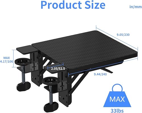 Miniatura 3 de suptek Bandeja extensora de escritorio ergonómica, abrazadera de 9.5 x 9.1 pulgadas, soporte para reposamuñecas, soporte de muñeca plegable de 90