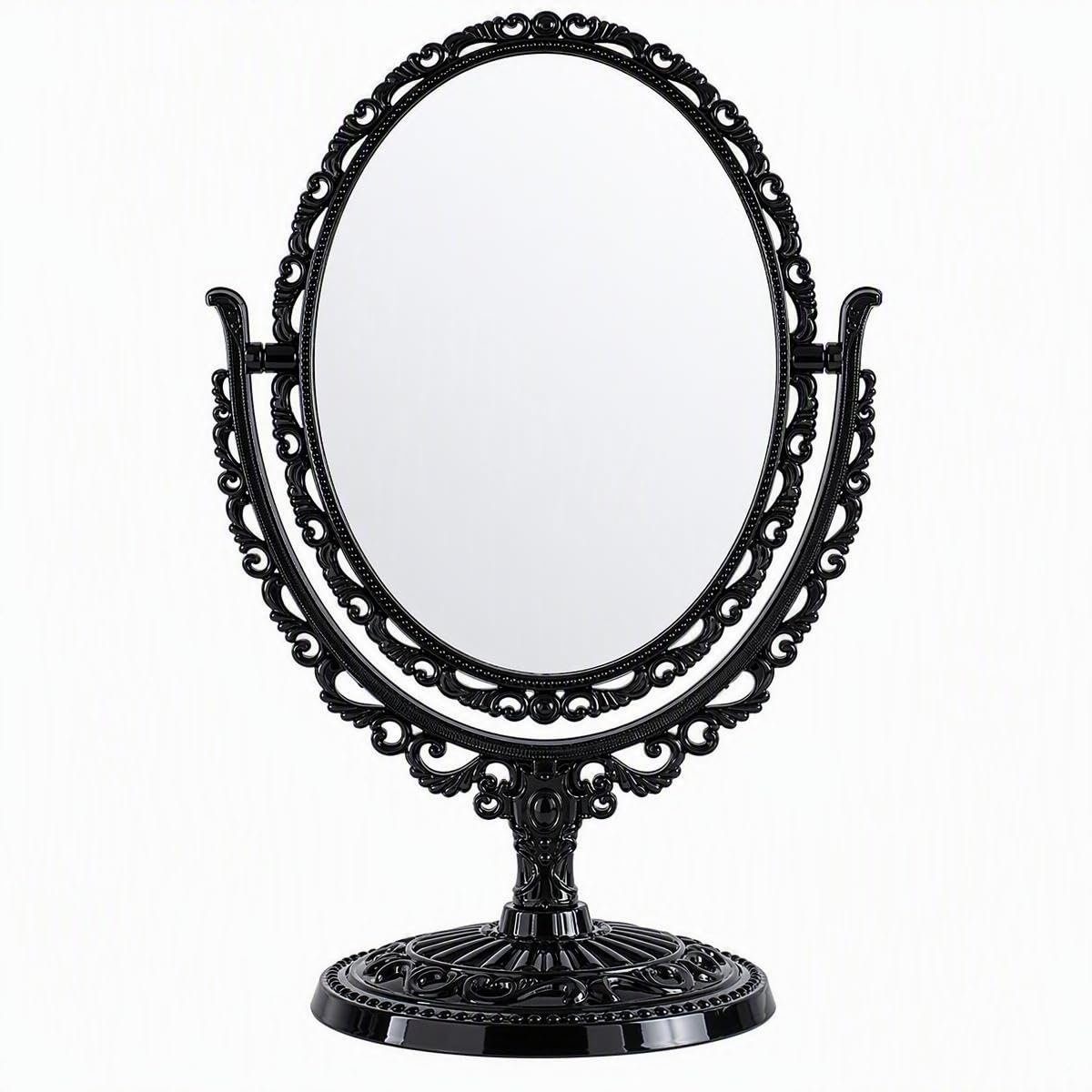 schonee Double Sided Tabletop Makeup Mirror, Oval Swivel Desktop Stand, 360 Degree Rotation Vintage Two-Sided Mirror (Black)