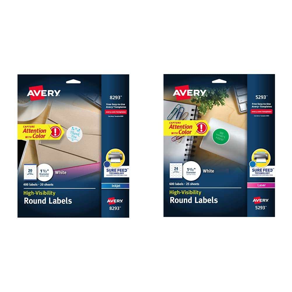 Photo 1 of Avery High Visibility Printable Round Labels with Sure Feed, White, 400 Customizable Blank Labels Total & High Visibility Printable Round Labels with Sure Feed, White, 600 Customizable Blank Labels Labels + 600 Labels, White