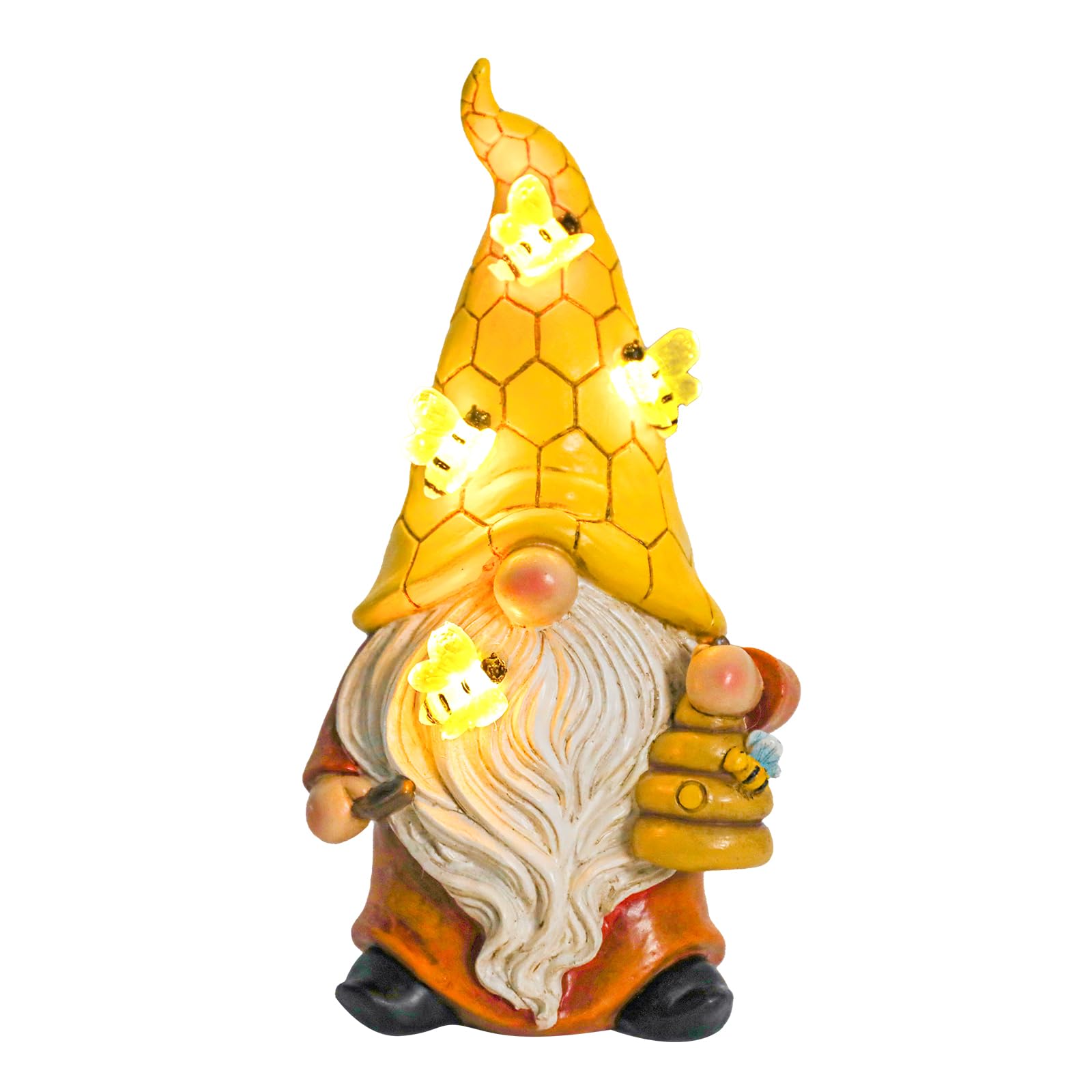 Garden Gnome Statue with Bee Solar Lights, Resin Gnome Figurine for Outdoor Decor, Porch Patio Yard Decorations