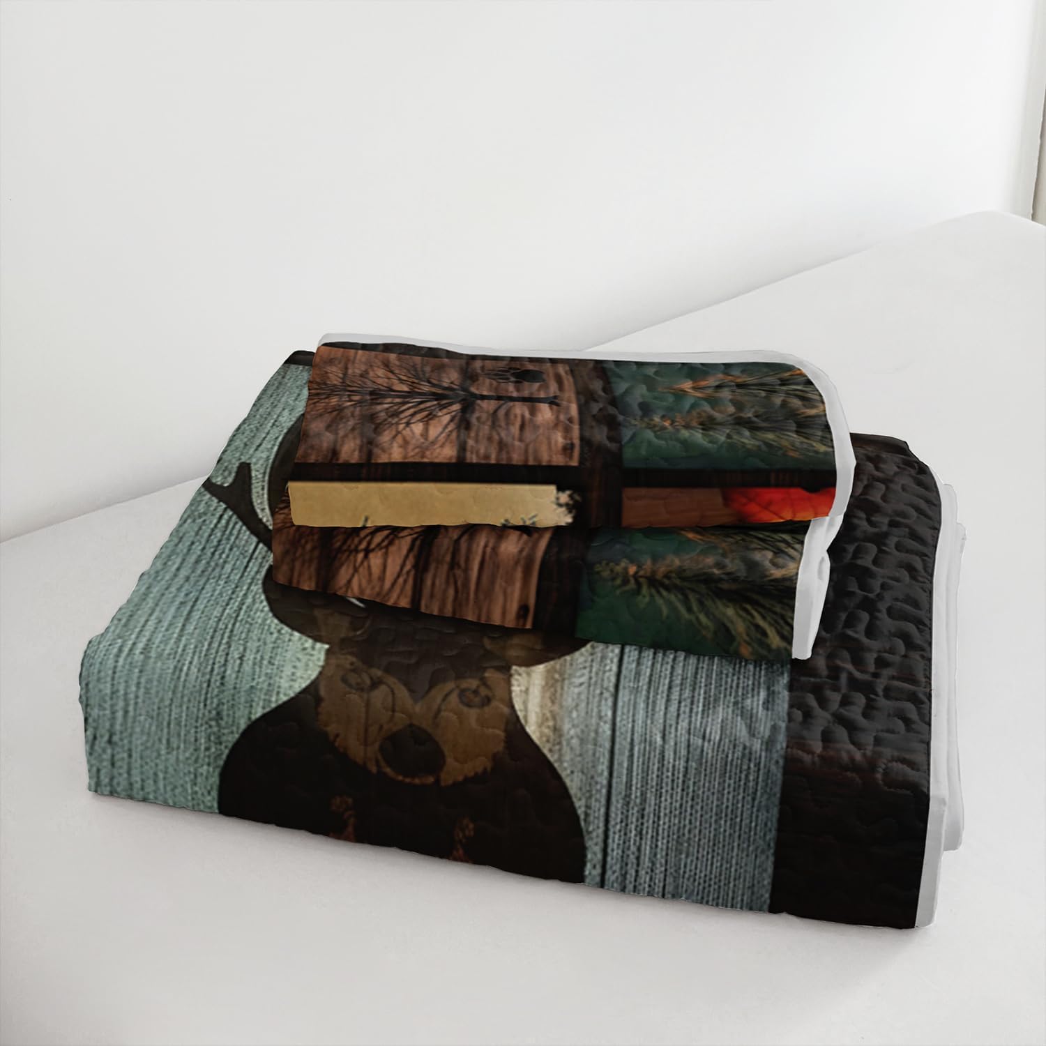 HOSIMA Quilts Queen Size,Deer Bear Print Forest Bedding Sets for Hunting Room Decor,Pine Cone Pattern Brown Hunting Themed Plaid Patchwork Bedding Quilts with 2 Pillowcases. - Image 5