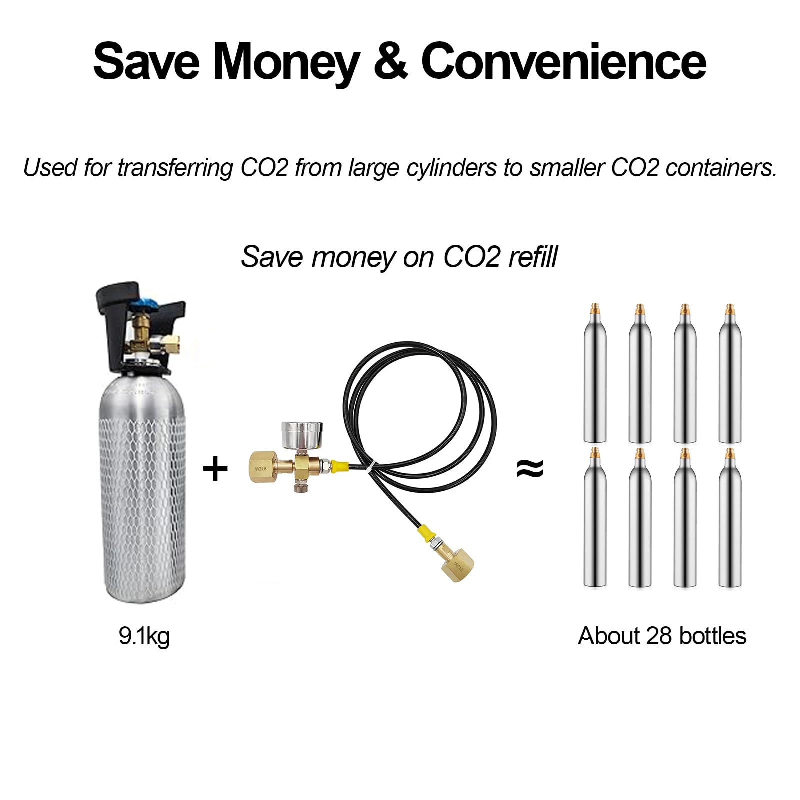 Manguera de CO2 1.5m W21.8-14 DIN477, Adaptador de Tanque de CO2 con Manómetro de 3500 PSI y Válvula de Alivio de Presión para Estaciones de Llenado de CO2 y Suministro de Argón y Nitrógeno