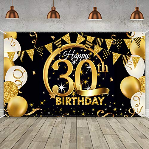 Geburtstag Party Dekoration Extra Große Stoff Schwarz Gold Zeichen Poster für Jahrestag Foto Stand Hintergrund Banner, Geburtstag Party Lieferungen, 72,8 x 43,3 Zoll (30.)