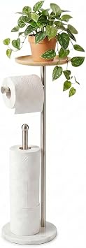 Toilet Paper Holder Stand with 7.9" Big Bamboo Tray, 2.2Lbs Heavier Marble Base, Floor Standing Paper Holder Stand with Phone Shelf, Reserve for 4 Rolls Brushed Nickel
