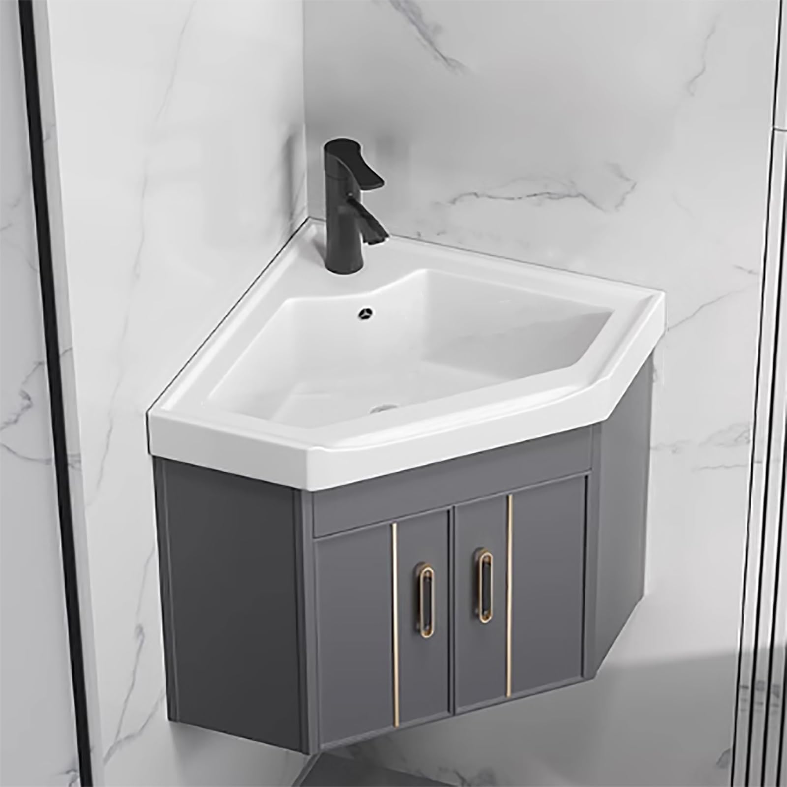 GLJTUO Modern Gray Corner Vanity Sink with Cabinet Heavy Duty Bathroom Storage Scratch and Stain Resistant Porcelain Sink Hot and Cold Faucet 15in,Grey-48cm/18.9in