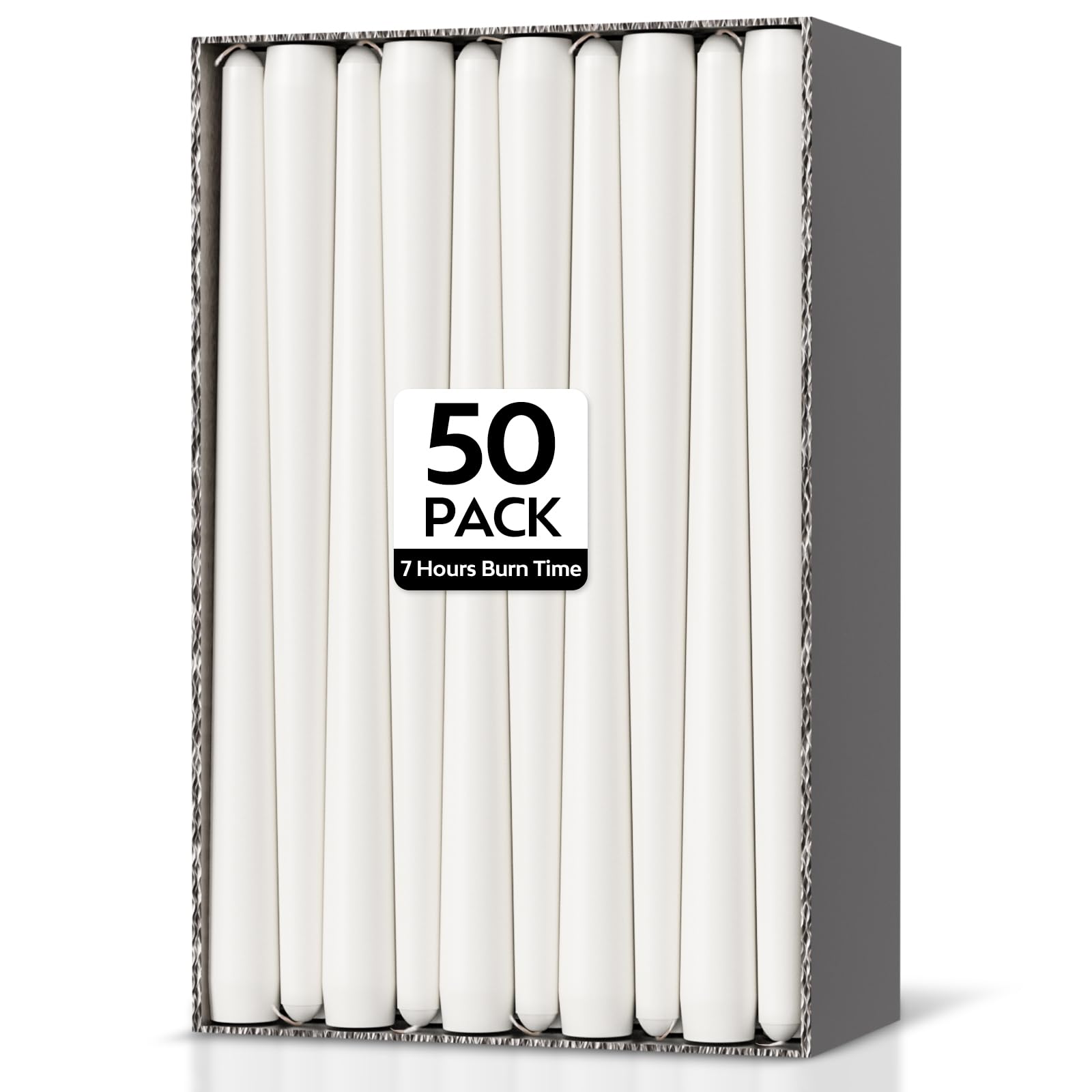 Taper Dinner Candles, Unscented White, Non-Drip Table Candlesticks, 7-Hour Burn Time, Long-Burning Tapered Candles, Paraffin Wax with Cotton Wicks, 50 Pack