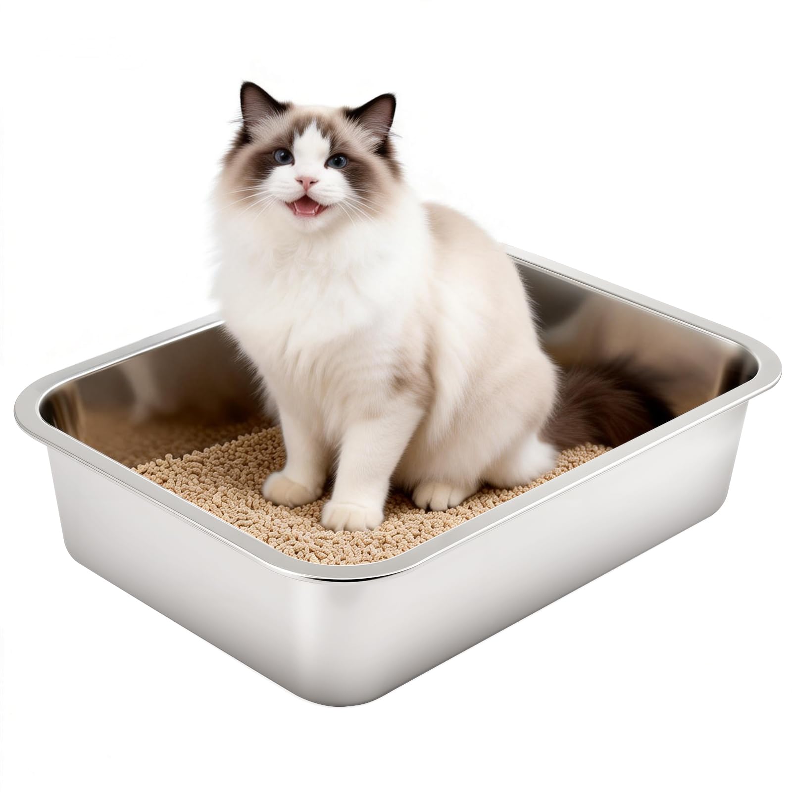Stainless Steel Cat Litter Tray for Large and Small Cats, High Sided Metal Litter Box with Anti-Slip Pads, Non-Stick Odor-Free Cat Toilet for Kitten Rabbit Guinea Pig (L(40 * 30 * 10cm))