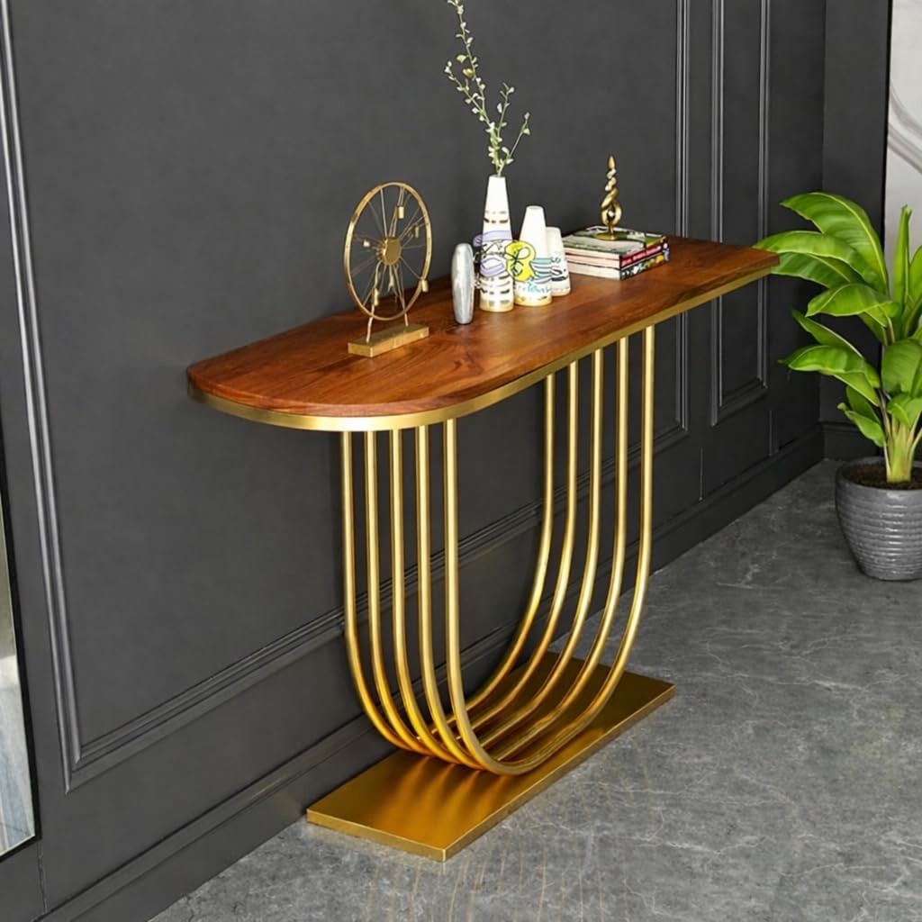Metal U Side Tables Console Sofa Tables End Table with Engineered Wood Top and Metal Frame Coffee Snack Console Tables for Or Corridor Living & Bed Room (Golden & Brown)-image-30