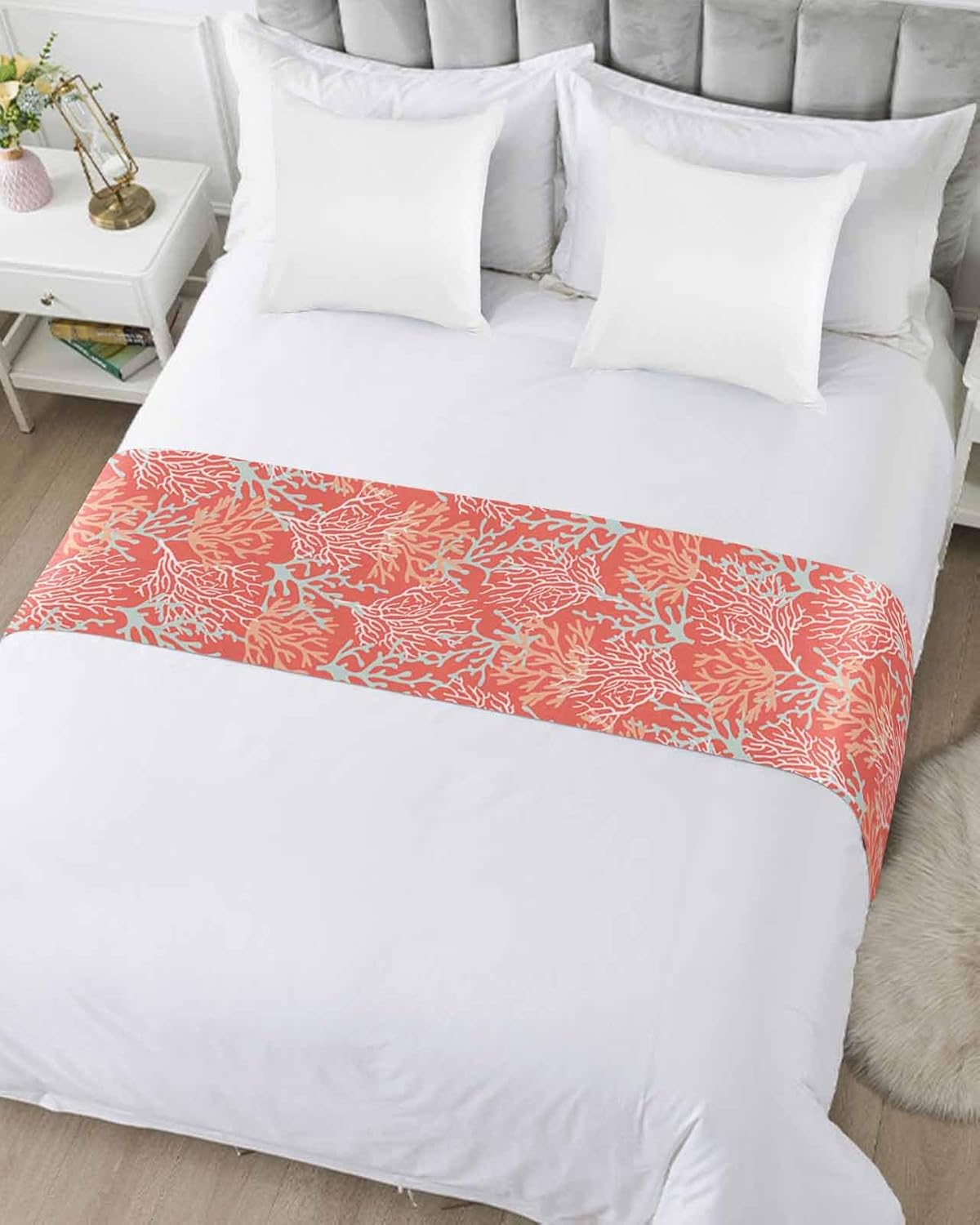 Orange Coral Red Bed Runner Scarf Full Queen Size,Luxury Bed Throw Runners & Scarves for Twin Full Queen King Foot of Bed Hotel Wedding Room Decoration,Abstract Beach Ocean Sea Summer White 83"x20"