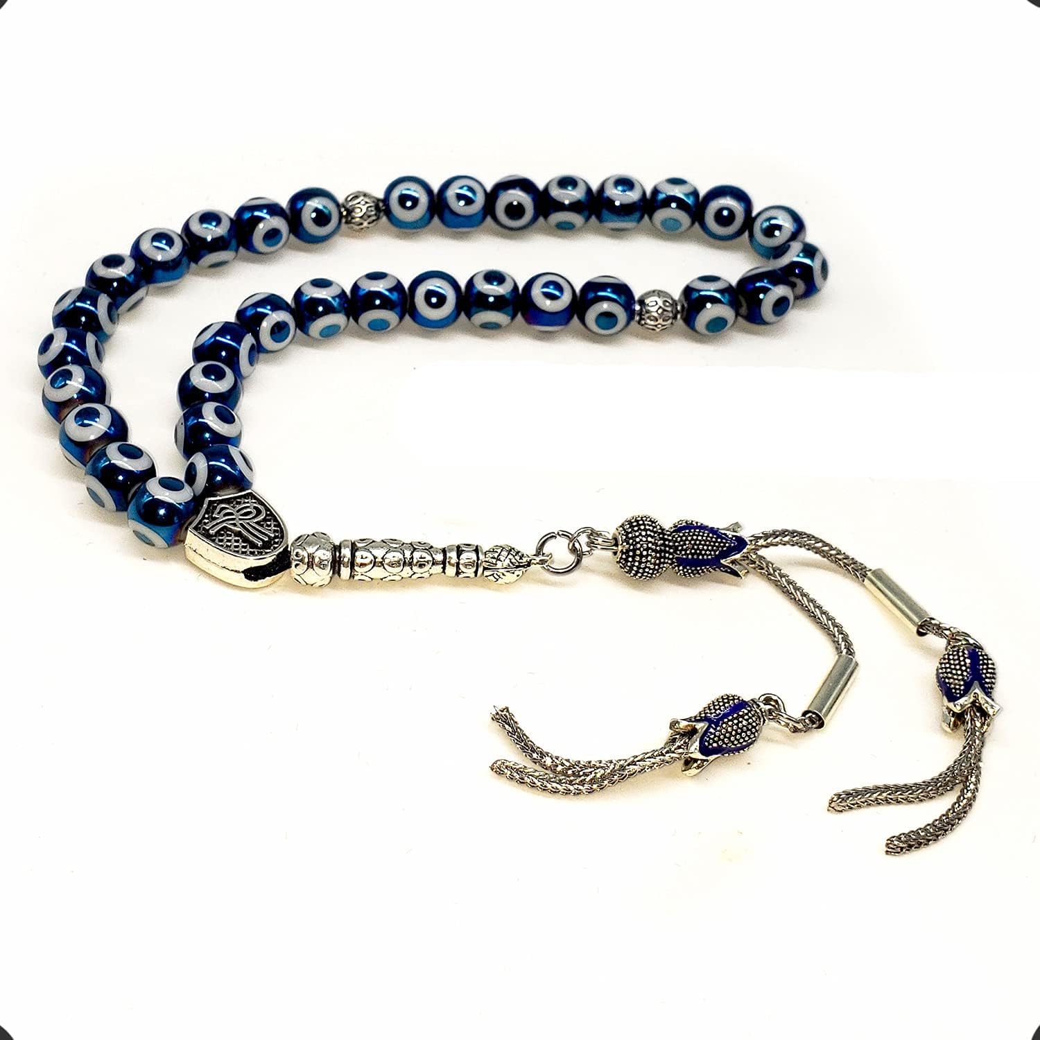 Design -Special Evil Eye Beaded Collection Worry Beads - Prayer Beads (8 mm-33 Beads) Tesbih-Tasbih-Tasbeeh-Misbaha-Masbaha-Subha-Sebha-Sibha-Rosary (Electroplate Glass Blue Evil Eye)