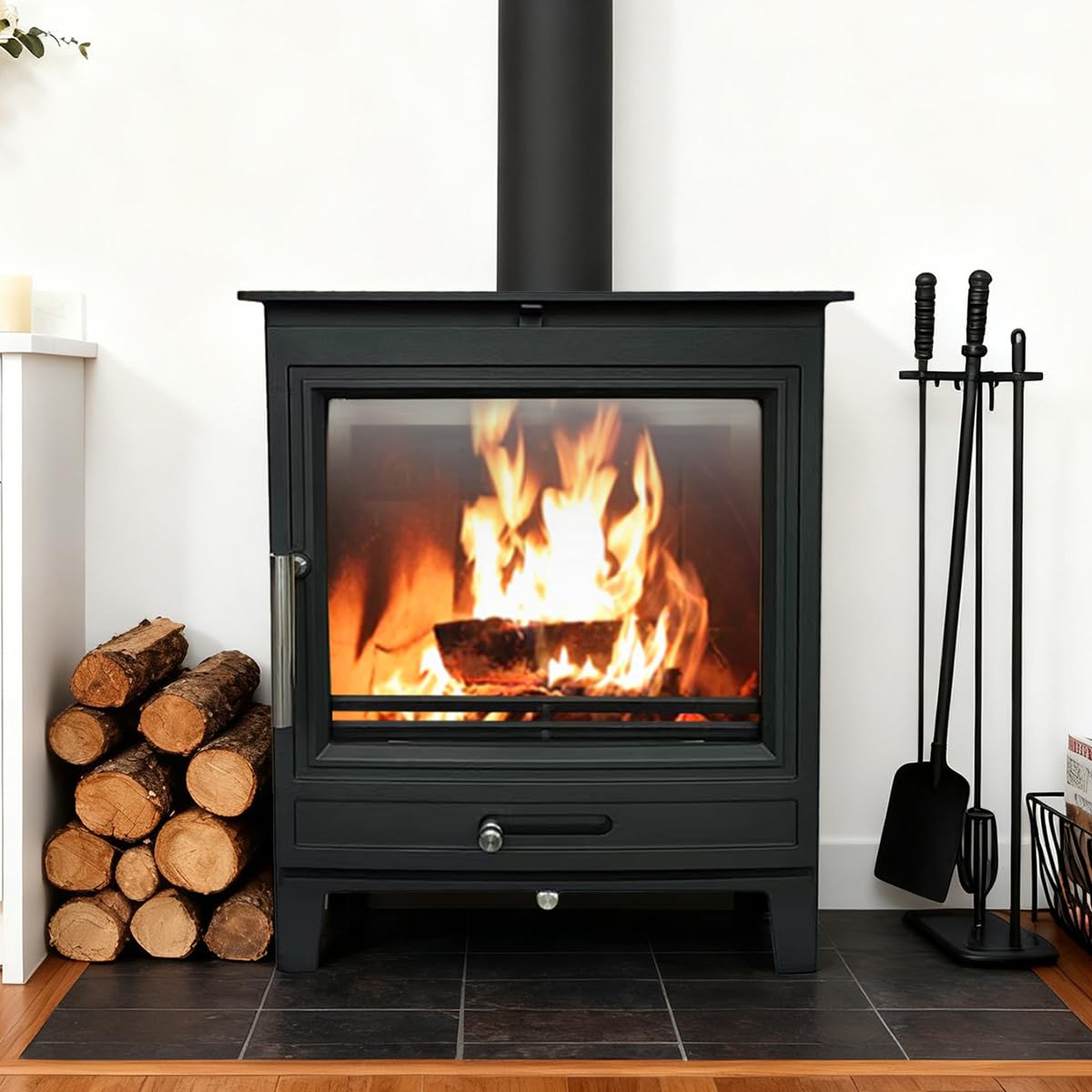 Nrg 8Kw Portable Fireplace Multifuel Cast Iron Wood Burning Stove Home Heating Set Defra Approved Eco Emissions(490 X 335 X 585Mm)