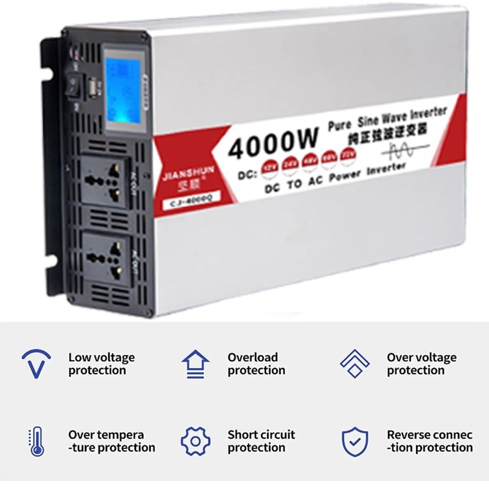 Przetwornica czystej fali sinusoidalnej o dużej mocy DC 12 V-72 V na AC 110 V/220 V z wyświetlaczem LCD do użytku w kamperach, na kempingu i na energię słoneczną(5000W 12Vto110V)