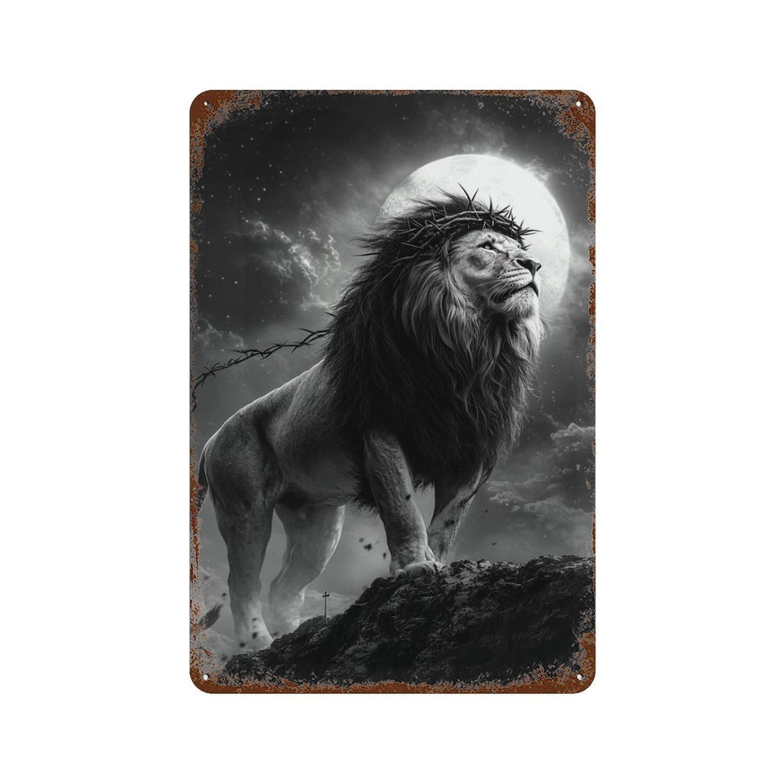 Weathered Tin Sign Regal Lion Moonlit Majesty -2 11.8"x7.9", Rustic Home Decor for Bistro, Counter And Cafe Decor