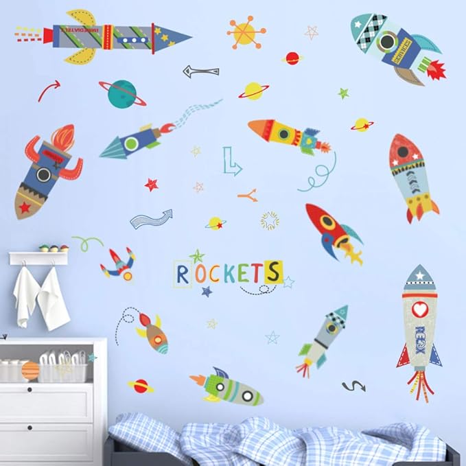 ufengke Colorful Rockets Wall Stickers Outer Space Wall Art
