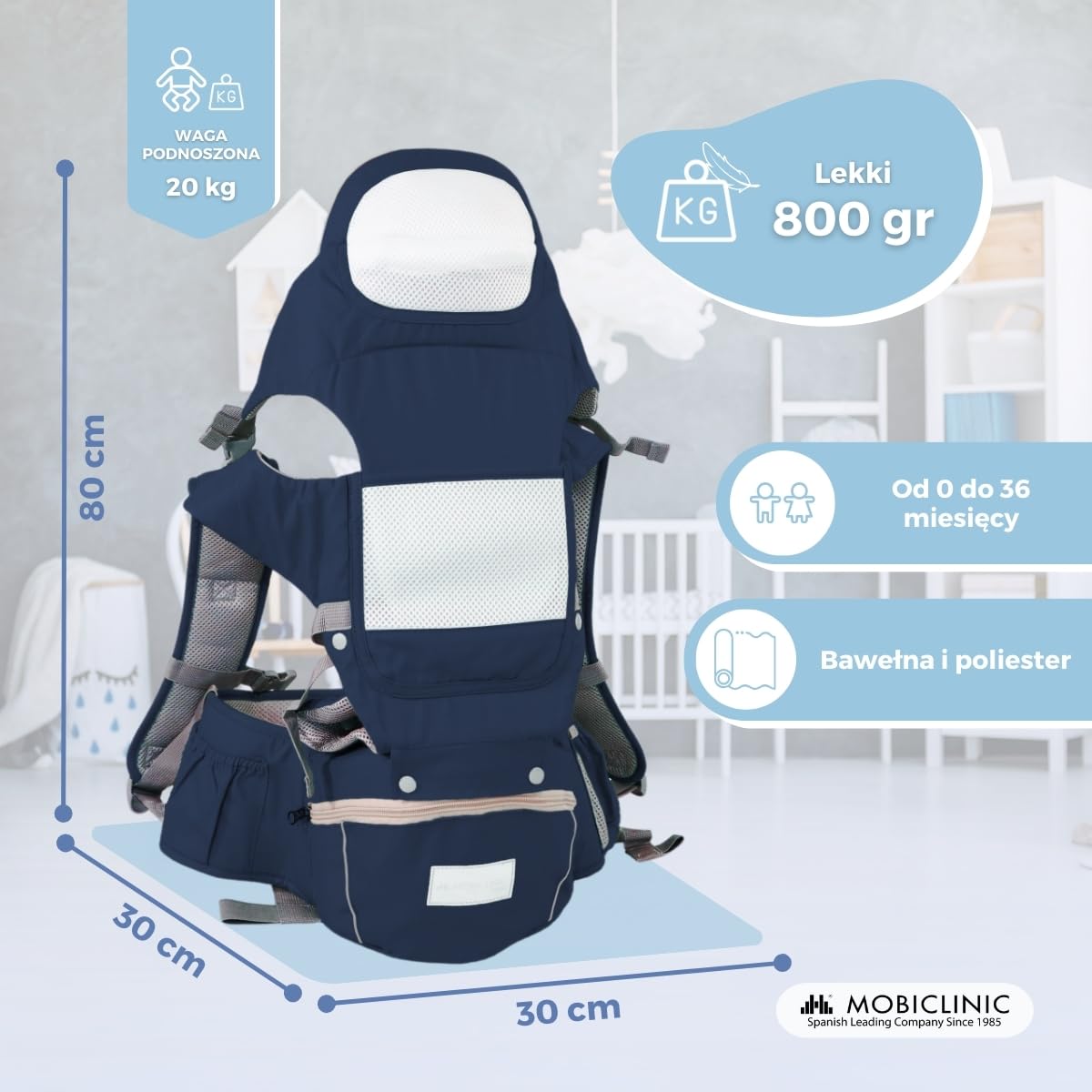 Mobiclinic® kids, Nosidełko ergonomiczne, 6 w 1, Moley, Wielopozycyjne, Składane, Kieszeń z zamkiem błyskawicznym, Podtrzymujący butelki, Miękka premiumowa bawełna, 0-36, Dla noworodków (granatowy)