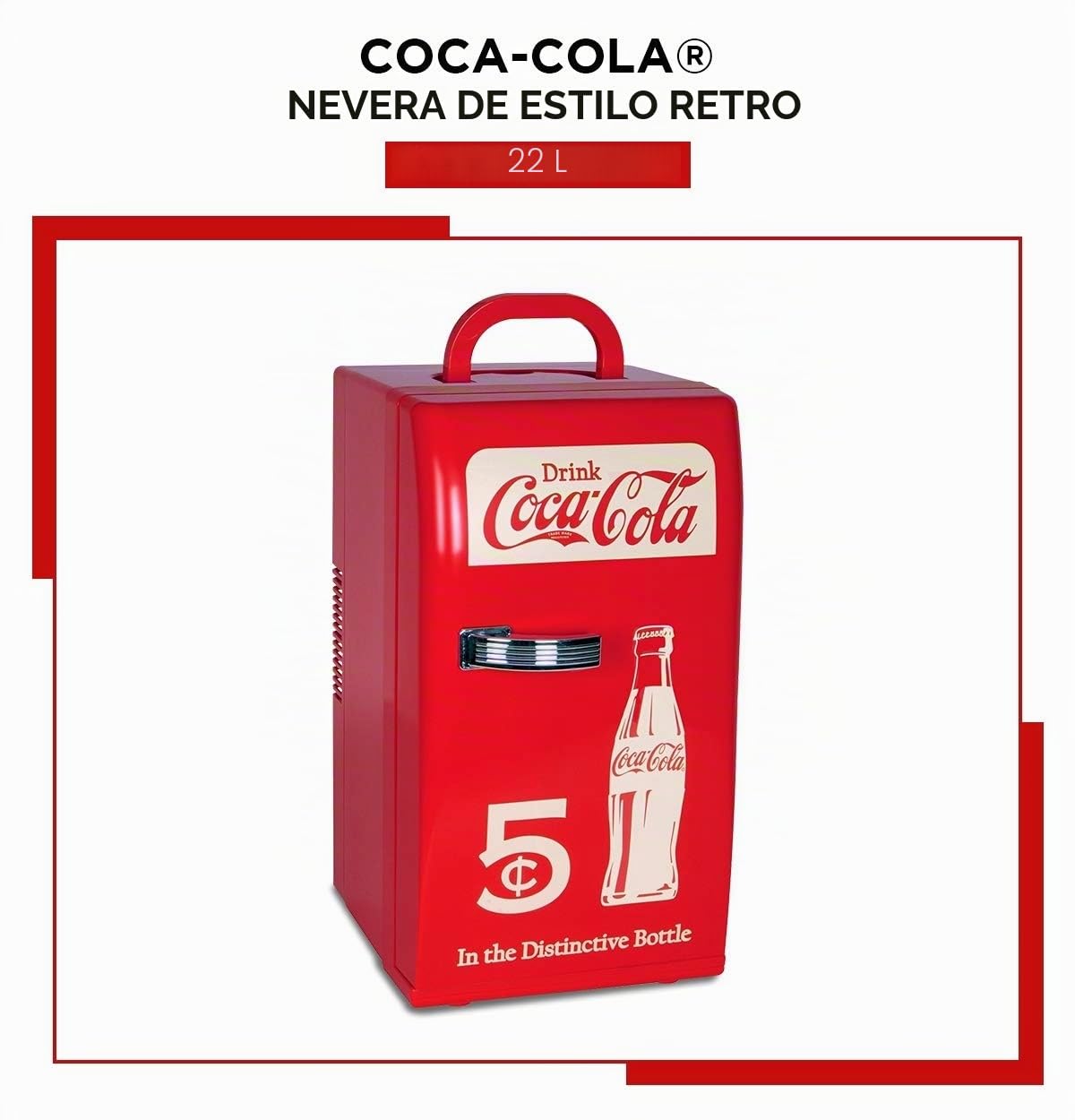 Coca-Cola Mini nevera retro de 18 latas con cables de 12 V CC y 110 V CA, 22 L (23 cuartos de galón), enfriador portátil, rojo, refrigerador de viaje para bebidas, aperitivos, almuerzo, hogar,
