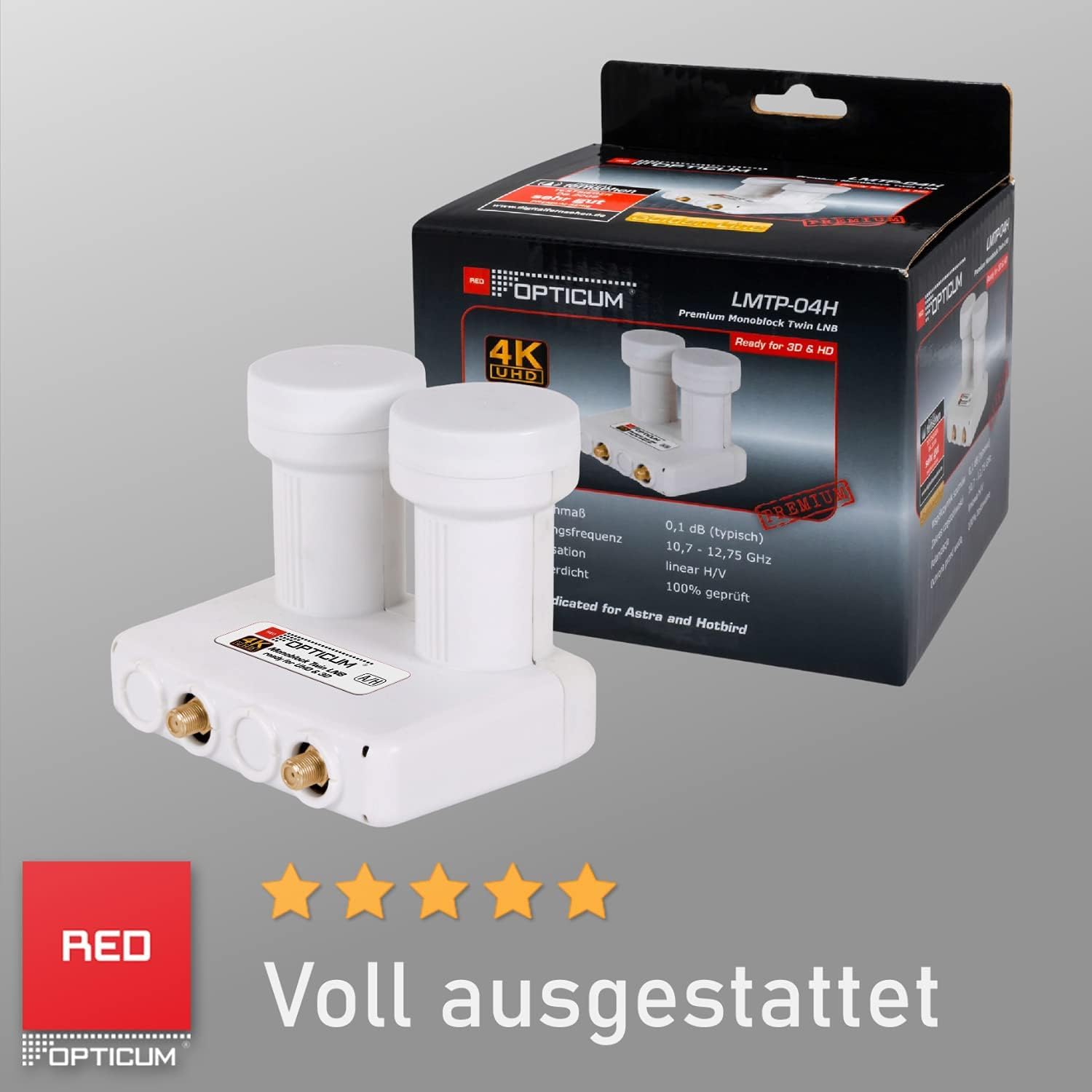RED OPTICUM LMTP 04H Monoblock Twin LNB 0.1dB - LNB double tête pour 2 abonnés & 2 satellites avec DiseqC intégré - Monoblock LNB Astra Hotbird y compris douille de protection contre les intempéries